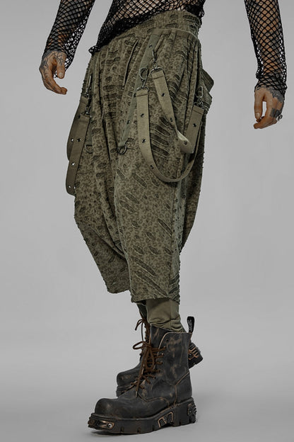 Green Ripped Men's Punk Sagging Pants with Straps