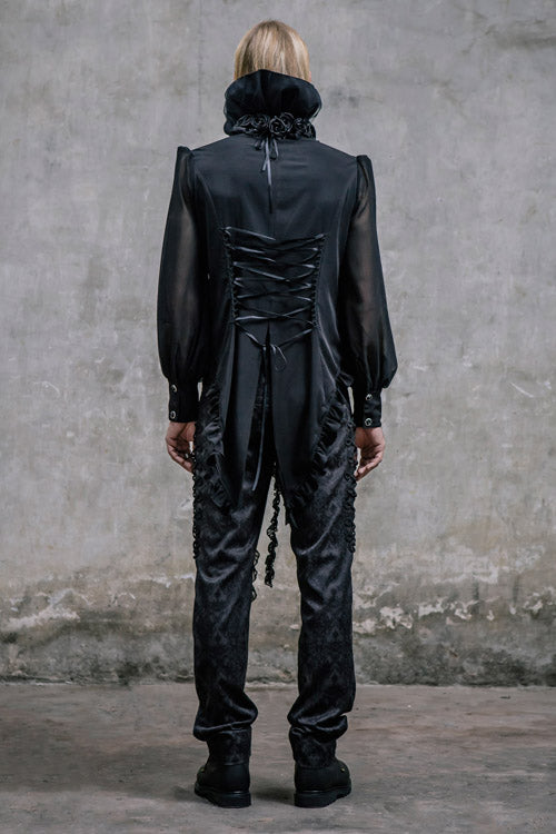 Black Side Discoid Flowers Back Waist Lace Up Gothic Jacquard Mens Pants