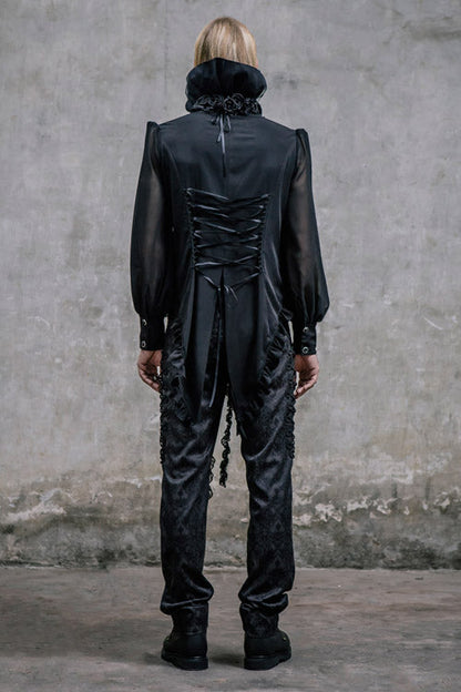 Black Side Discoid Flowers Back Waist Lace Up Gothic Jacquard Mens Pants