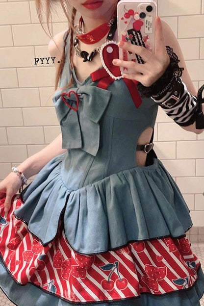 Blue [Cherry] Sleeveless Triple-Layered Print Ruffle Bowknot Denim Sweet Japanese Vintage Lolita Jsk Dress