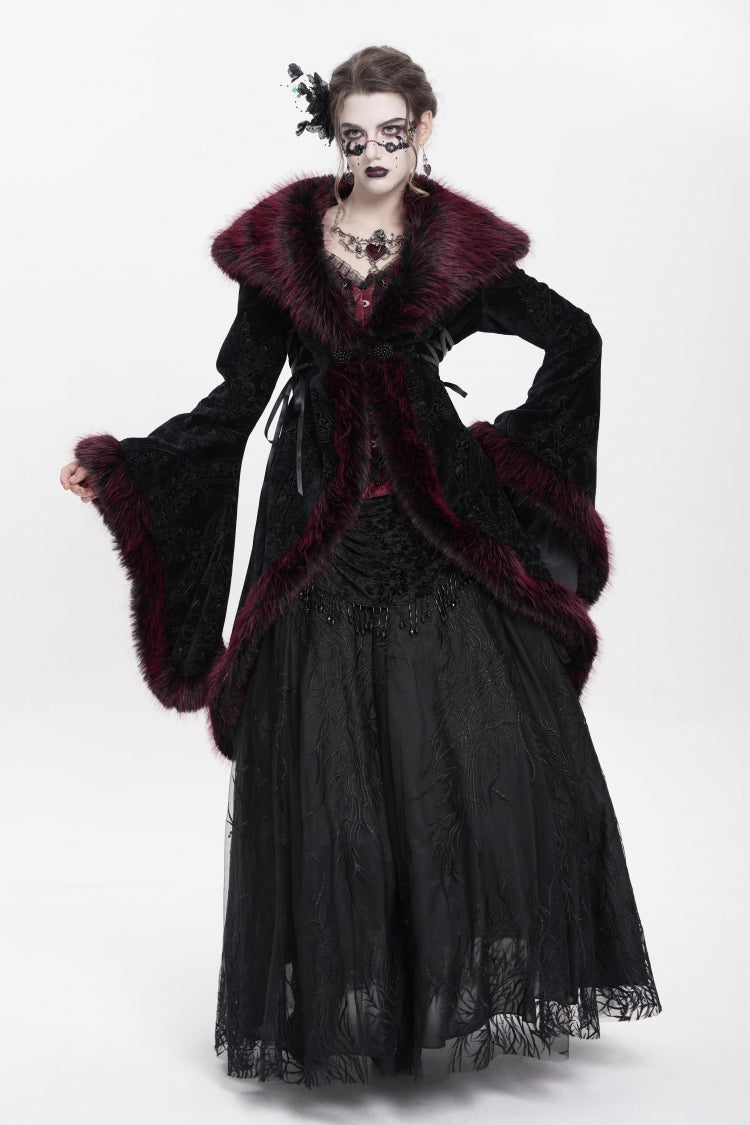 Red Long Sleeves Floral Embroidery Women's Gothic Fluffy Coat