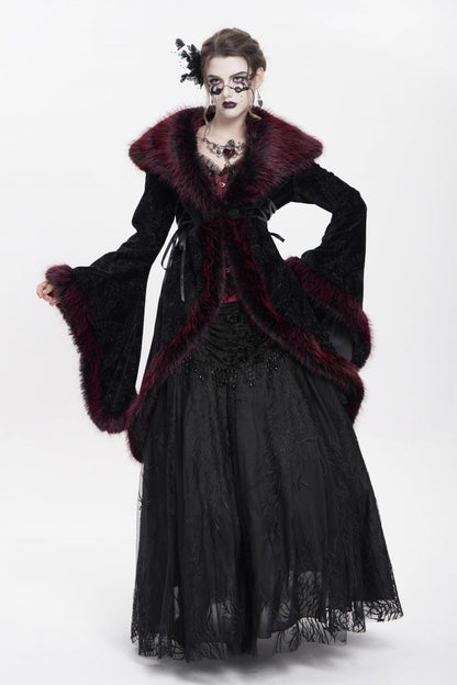 Red Long Sleeves Floral Embroidery Women's Gothic Fluffy Coat