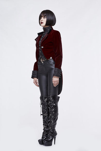 Red/Black Jacquard Lapel Embroidered Metal Nail Velveteen Swallowtail Women's Gothic Coat