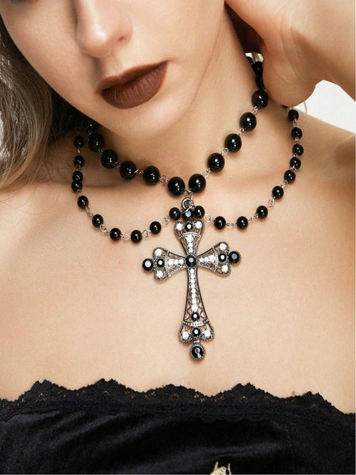Black Beaded Cross Necklace