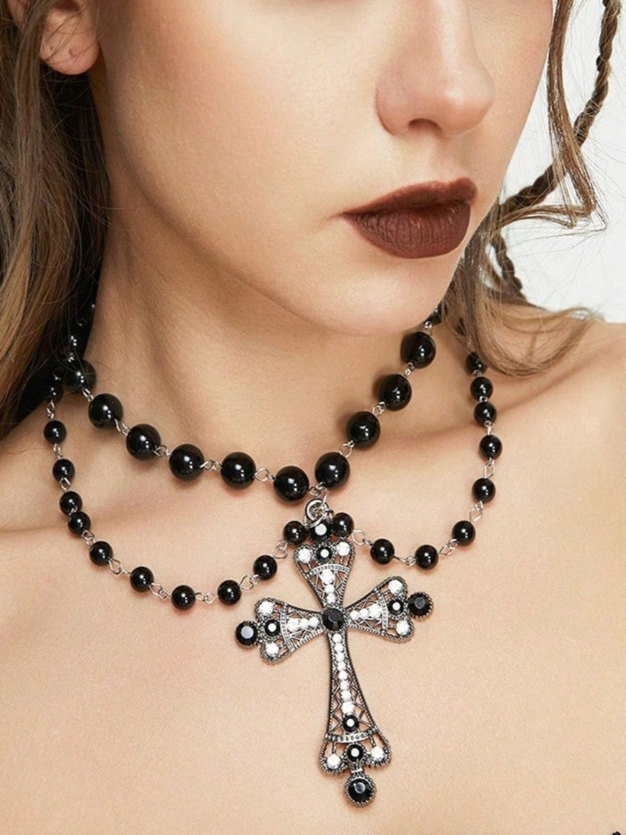 Black Beaded Cross Necklace