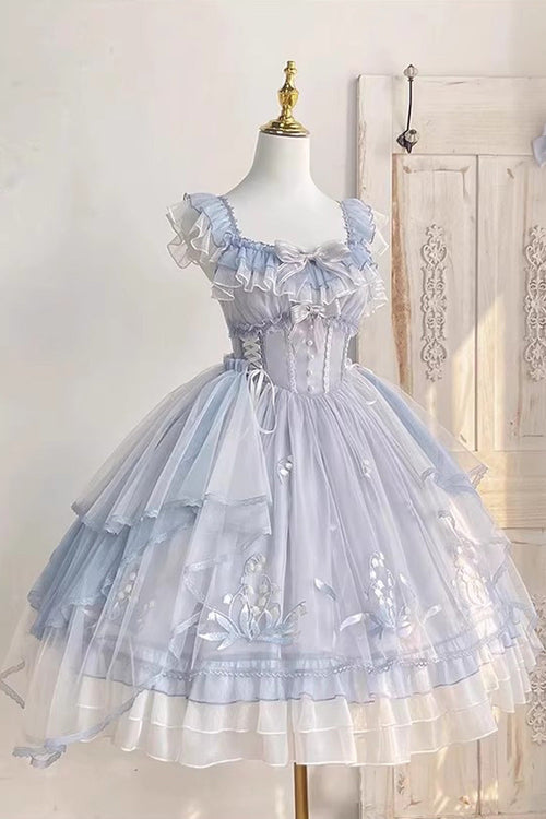 Blue [Love Is Coming] Multi-layer Ruffle Embroidery Bowknot Sweet Princess Lolita Jsk Dress