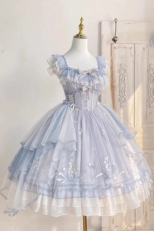 Blue [Love Is Coming] Multi-layer Ruffle Embroidery Bowknot Sweet Princess Lolita Jsk Dress