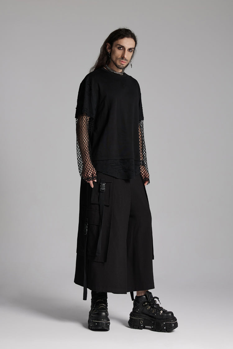 Black Round Collar Long Sleeves Mesh Ripped Men's Punk T-Shirt