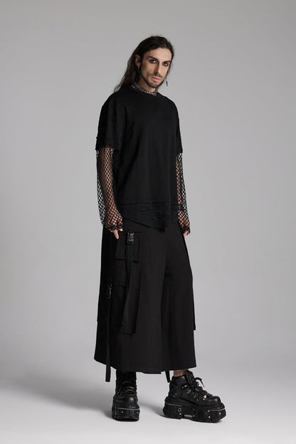 Black Round Collar Long Sleeves Mesh Ripped Men's Punk T-Shirt