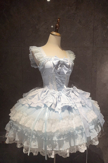 Blue [Misty Mountain Veil] Sleeveless Multi-Layered Ruffled Bow Lace Sweet Princess Ballet Lolita Jsk Dress