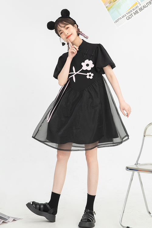 Black Stand Collar Lantern Short Sleeves Floral Print Organza Panel Sweet Lolita Dress