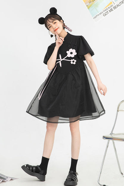 Black Stand Collar Lantern Short Sleeves Floral Print Organza Panel Sweet Lolita Dress