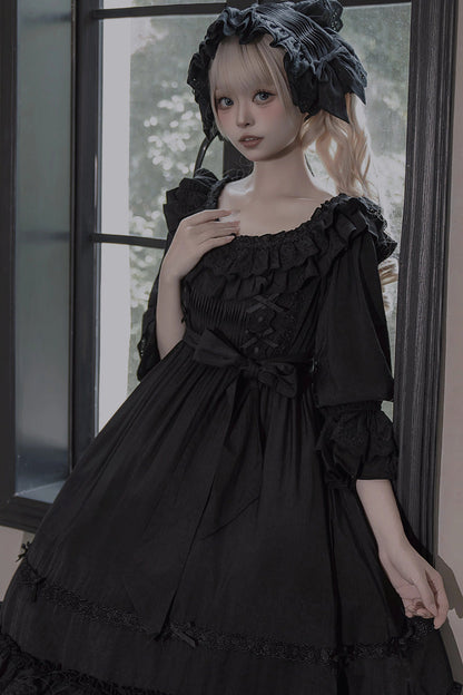 Black [Good Morning] Short Sleeves Ruffle Bowknot Lace-Up Gothic Lolita Dress