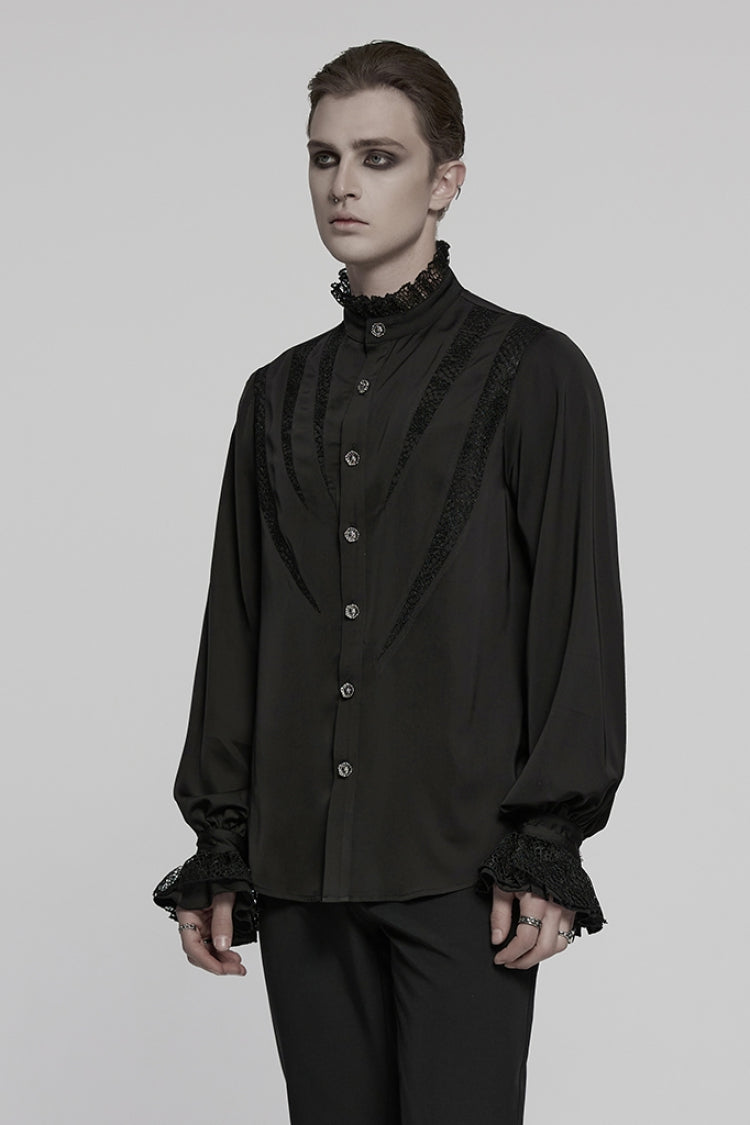 Black Stand Collar Long Puff Sleeves Stitching Lace Men's Gothic Blouse