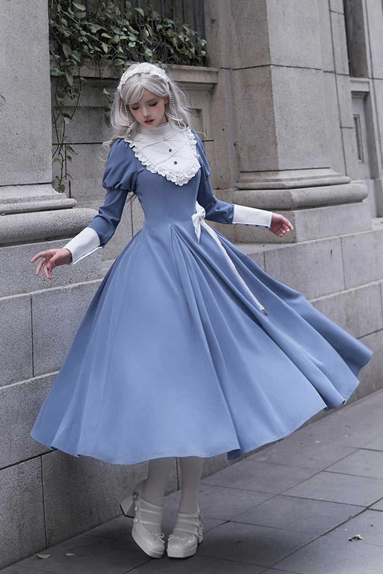 Blue Nun Style Stand Collar Long Sleeves Ruffle Bowknot Classic Elegant Lolita Dress