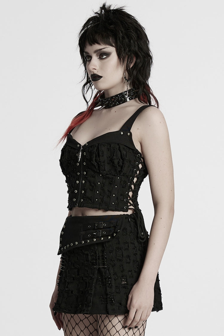 Black Sleeveless Lace-Up Rivet Women's Punk Vest