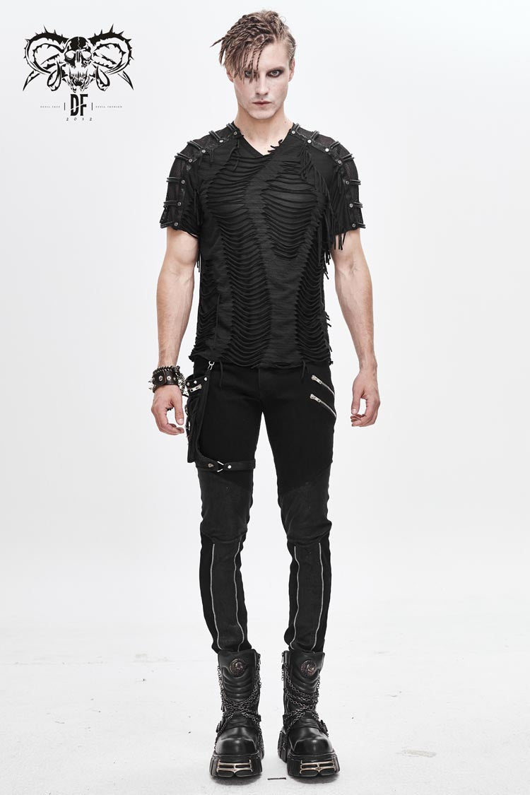 Black Tattered Striped Shoulder Splice Mesh Short Sleeve Men's Punk T-Shirt