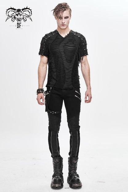 Black Tattered Striped Shoulder Splice Mesh Short Sleeve Men's Punk T-Shirt