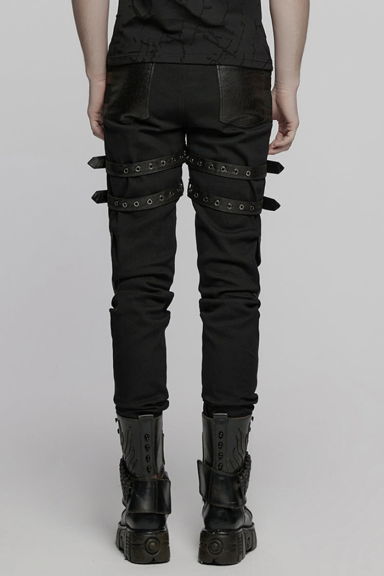 Black Stitching Mesh Buckle Straps Studded Men's Punk Pants