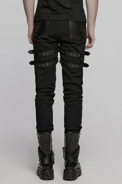 Black Stitching Mesh Buckle Straps Studded Men's Punk Pants