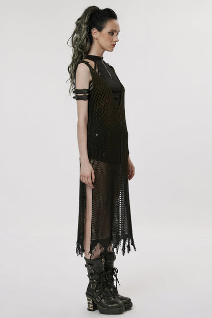 Black V Collar Knitted Hollow Mesh Women's Gothic Dress