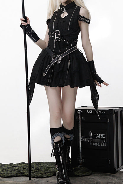 Black [Hunter] Stand Collar Off Shoulder Ruffle Embroidery Zipper Gothic Lolita Dress