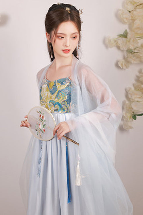 Blue Chinese Style Song Dynasty Fairy Long Embroidered Sweet Hanfu Dress Full Set