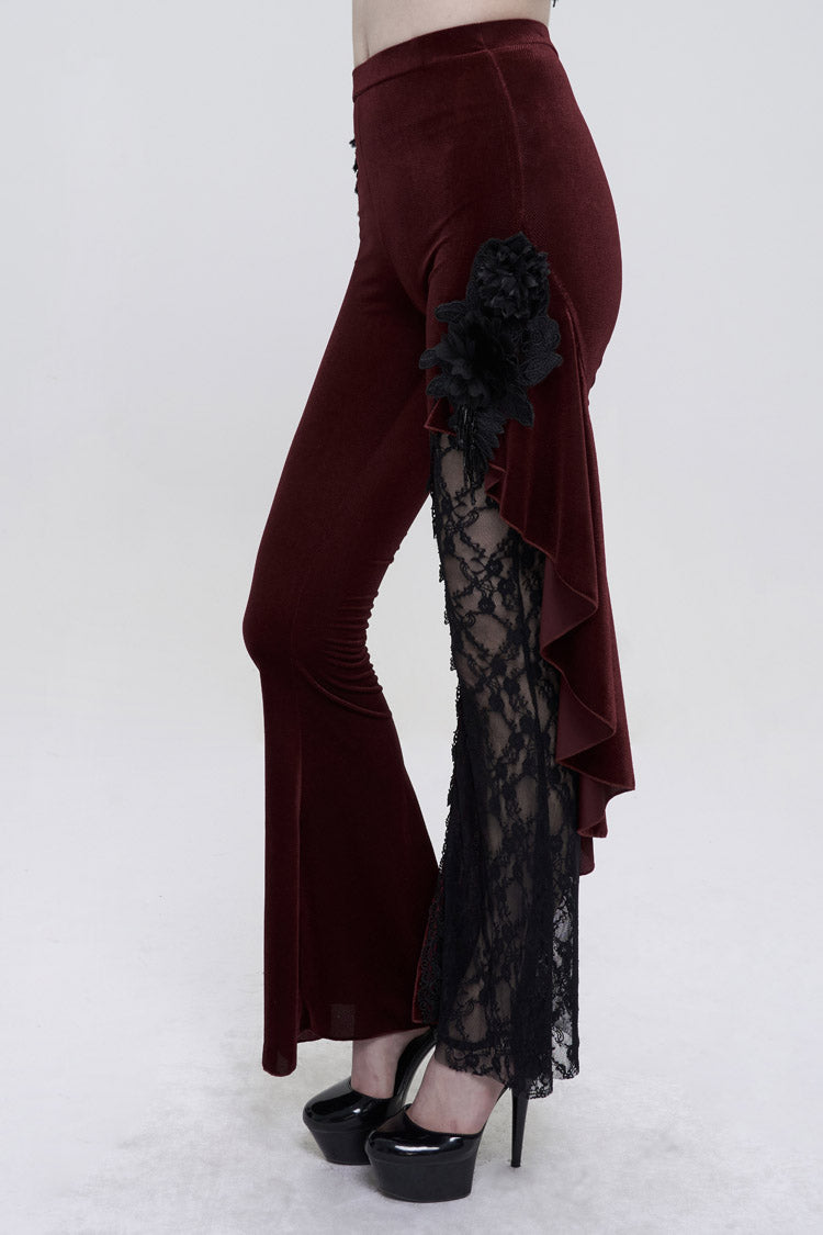 Red Velvet Single Side Stitching Rose Net Side Rope Decoration Asymmetric Pattern Flare Women's Gothic Pants