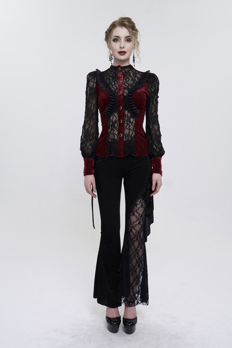Red Velvet High Neck Lace Fake Bra Design Splicing Three-Dimensional Butterfly Mesh Women's Gothic Shirt