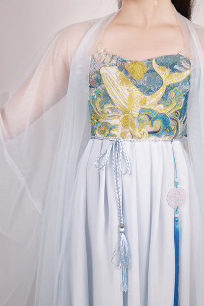 Blue Chinese Style Song Dynasty Fairy Long Embroidered Sweet Hanfu Dress Full Set