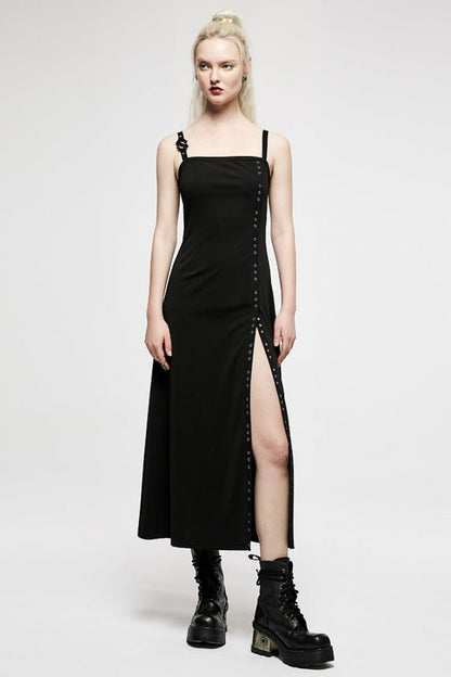 Black Slim Women's Metal Button Side Slit Maxi Slip Punk Dress