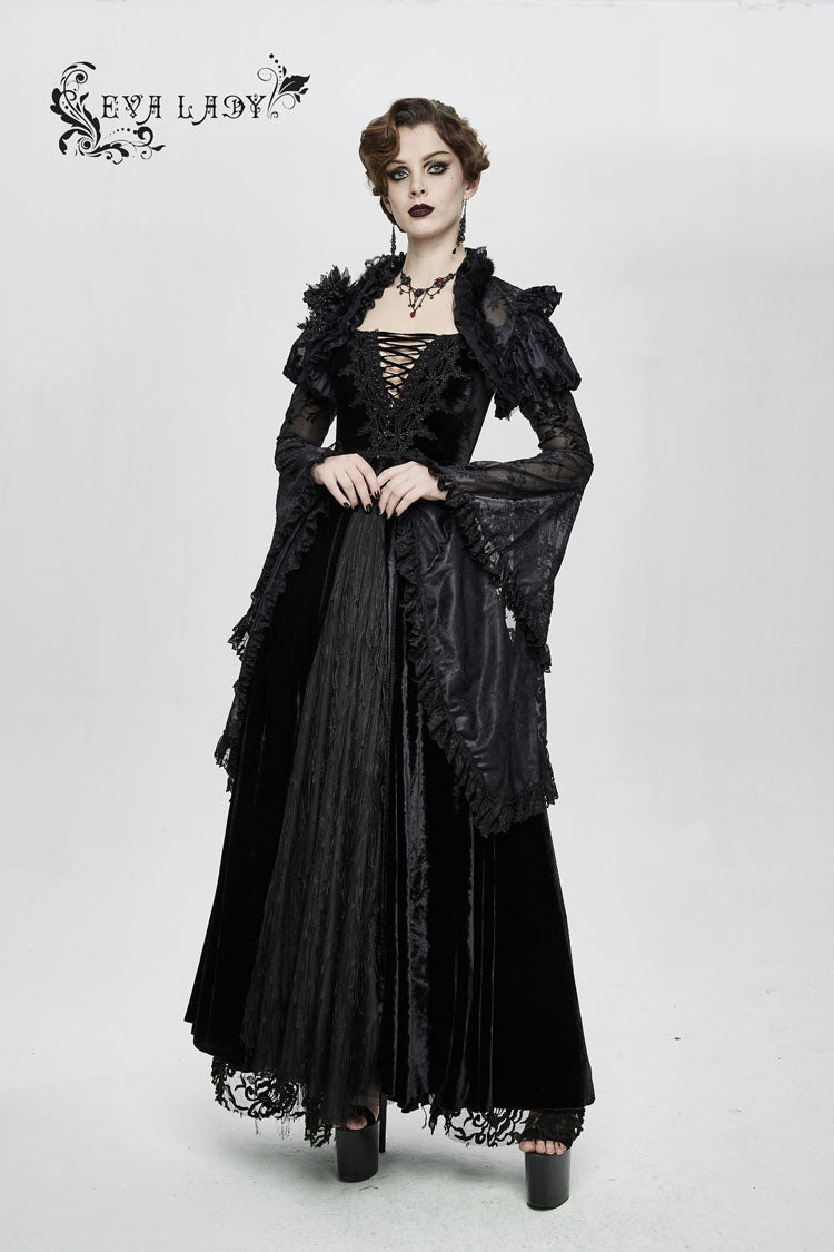 Black Transparent Lace Trim Big Trumpet Sleeve 3D Flower Rabbit Fur Lace Women's Gothic Shawl