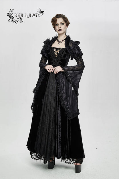Black Transparent Lace Trim Big Trumpet Sleeve 3D Flower Rabbit Fur Lace Women's Gothic Shawl