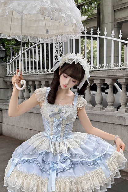 Blue [Dreaming Butterfly] Multi-Layered Jacquard Ruffle Bowknot Lace Sweet Princess Lolita Jsk Dress