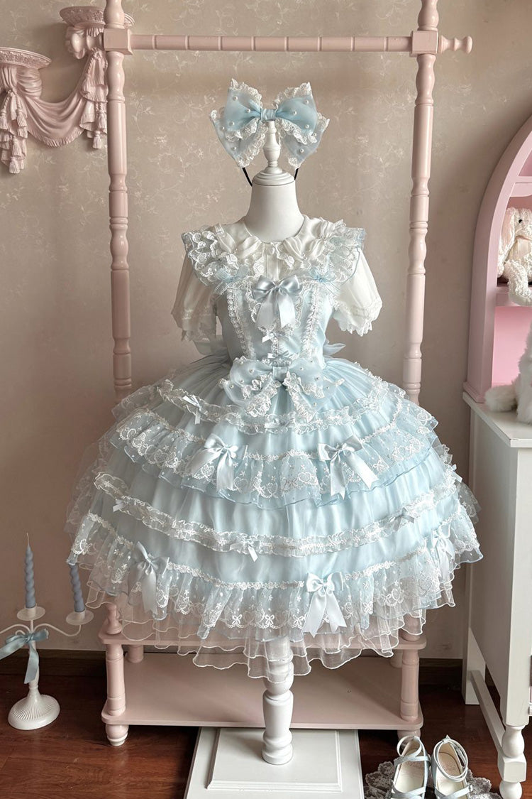 Blue [Lotus Butterfly Heart] Multi-Layered Ruffle Hanayome Bowknot Lace Sweet Lolita Jsk Dress