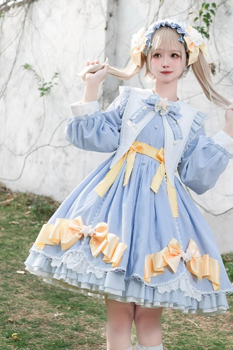 Blue Sleeping Star Long Sleeves Ruffle Bowknot Lace Stitching Sweet Lolita Dress