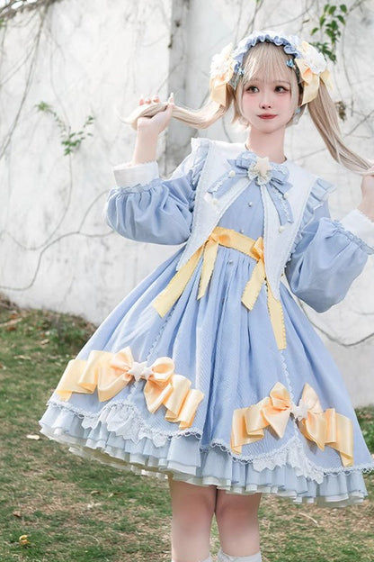 Blue Sleeping Star Long Sleeves Ruffle Bowknot Lace Stitching Sweet Lolita Dress