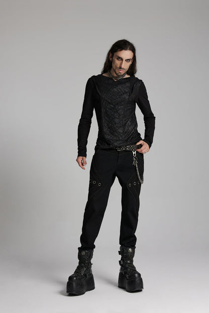 Black V Collar Long Sleeves Hooded Overlaping Mesh Men's Punk T-Shirt