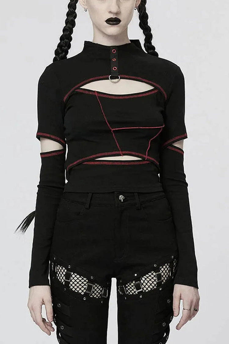 Comfortable Stitching Chain Cutout Turtleneck Ribbon Style Stretch Women's Punk T-Shirt 2 Colors