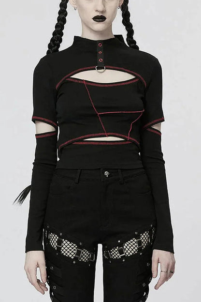 Comfortable Stitching Chain Cutout Turtleneck Ribbon Style Stretch Women's Punk T-Shirt 2 Colors