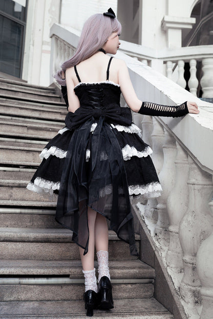 Black Triple-Layered Ruffle Embroidery Bowknot Gothic Lolita Jsk Dress