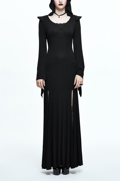 Black Sexy Stretchy Hooded Knitted Flared Sleeves Fishtail Womens Gothic Dress