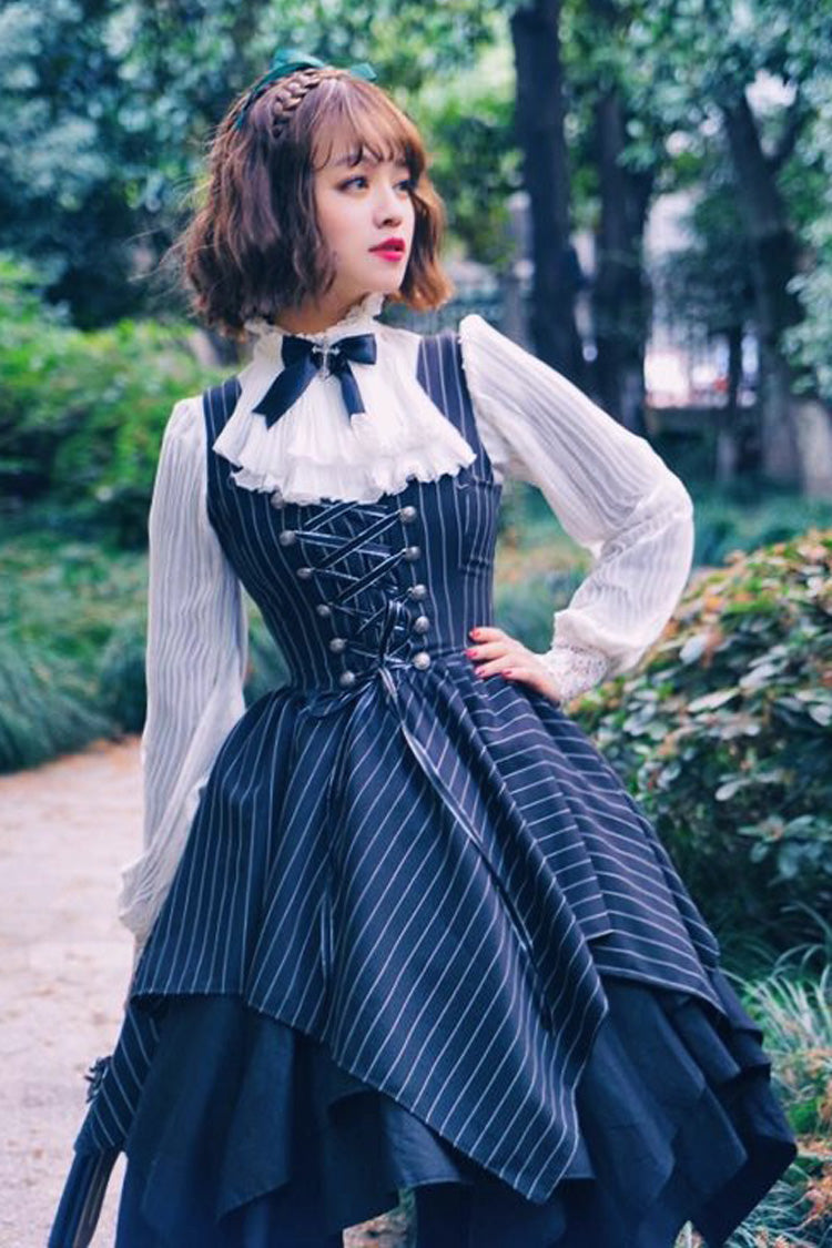 Black Sleeveless Striped Print Lace-Up Irregular Hem Gothic Lolita Dress