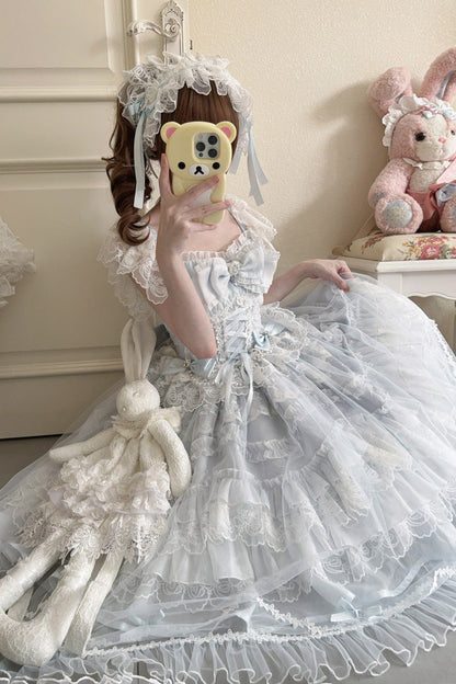 Blue [Eternal Vow] Sleeveless Multi-Layered Ruffle Hanayome Bowknot Lace Lace-Up Sweet Lolita Jsk Dress