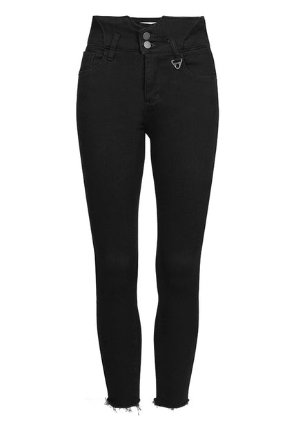 Black Triangular Metal Decorative Sheet Back Crossed Straps Tight Fit Punk Women's Denim Pants