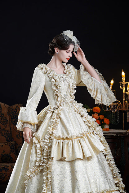 Champagne Square Collar Long Trumpet Sleeves Double-Layered Ruffled Open-Front Classic Vintage Palace Lolita Victorian Dress