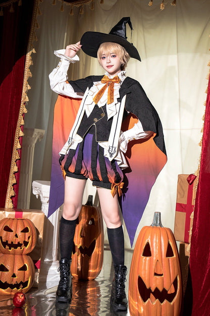 Black/Brown [Little Devil] Stand Collar Long Sleeves Gradient Print Ruffle Bowknot Gothic Prince Ouji Lolita Set