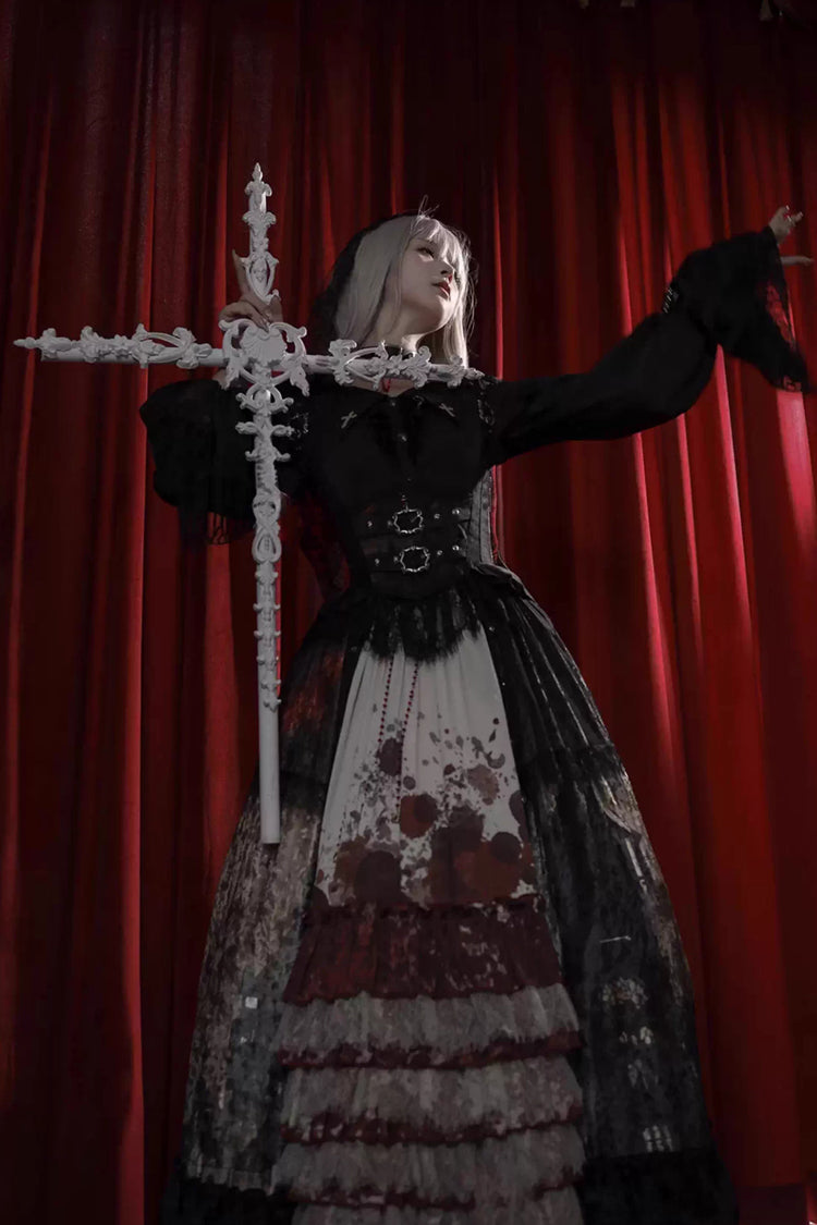 [Heretical Nun] Sleeveless Multi-Layered Printed Ruffled Open-Front Gothic Plus Size Lolita Strap Dress Long Version 2 Colors