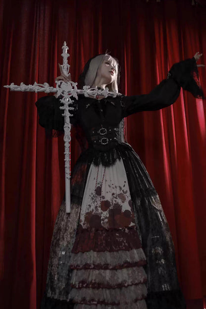 [Heretical Nun] Sleeveless Multi-Layered Printed Ruffled Open-Front Gothic Plus Size Lolita Strap Dress Long Version 2 Colors