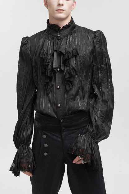 Black Vintage Stand Collar Striped Collar Floral Lace Men's Gothic Shirt